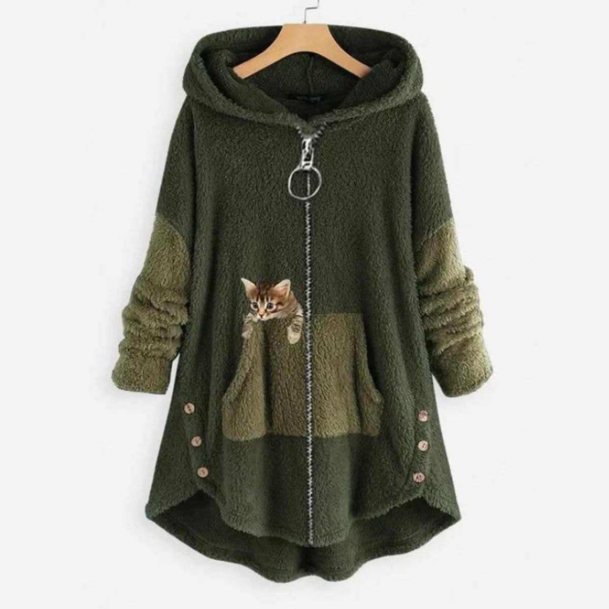 Penny | Faux Leather Printed Zip Up Button Pockets Fluffy Longline Winter Oversized Hoodie Women