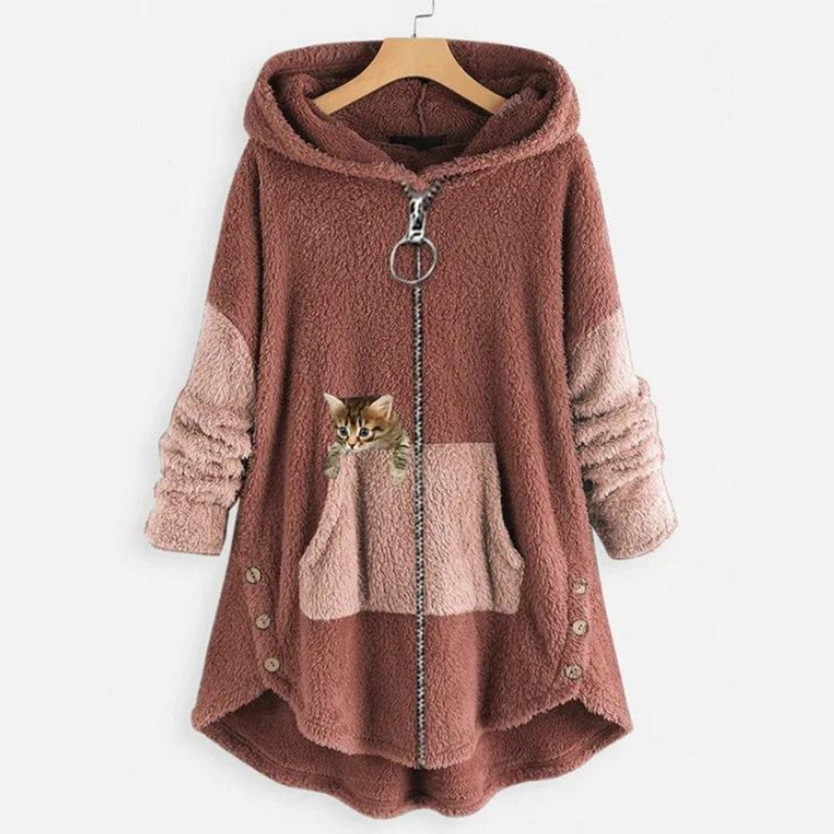 Penny | Faux Leather Printed Zip Up Button Pockets Fluffy Longline Winter Oversized Hoodie Women