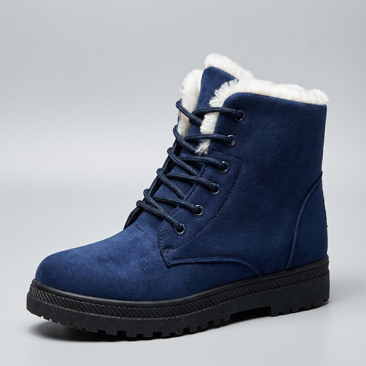 Dora | Faux Fur Lined Winter Flat Lug Lace Up Suede Ankle Boots Women