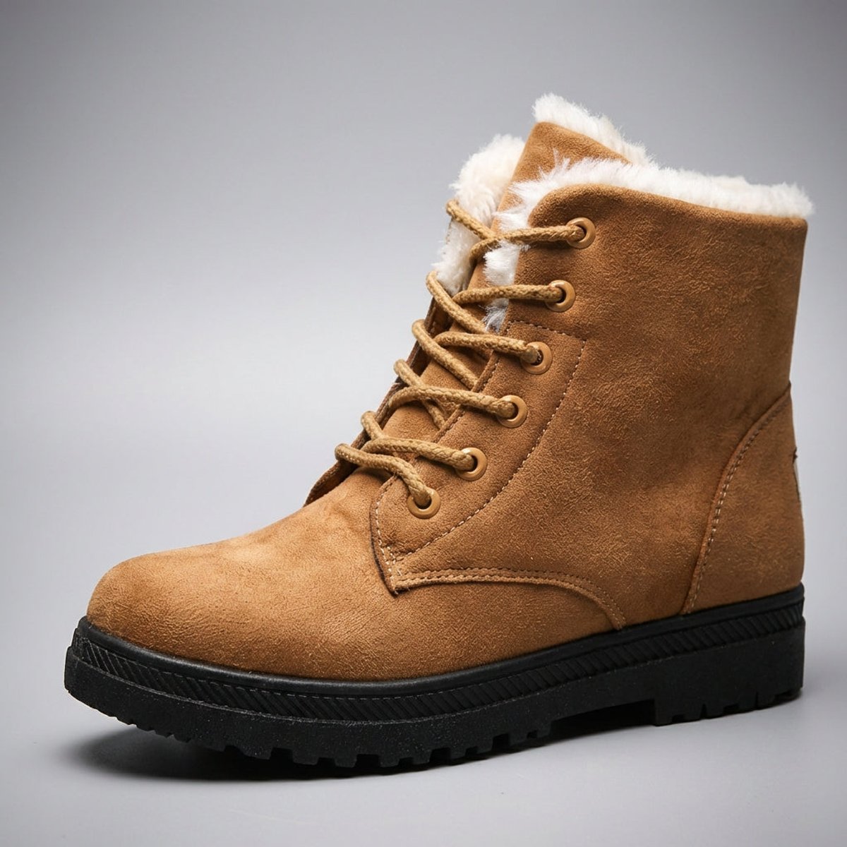 Dora | Faux Fur Lined Winter Flat Lug Lace Up Suede Ankle Boots Women