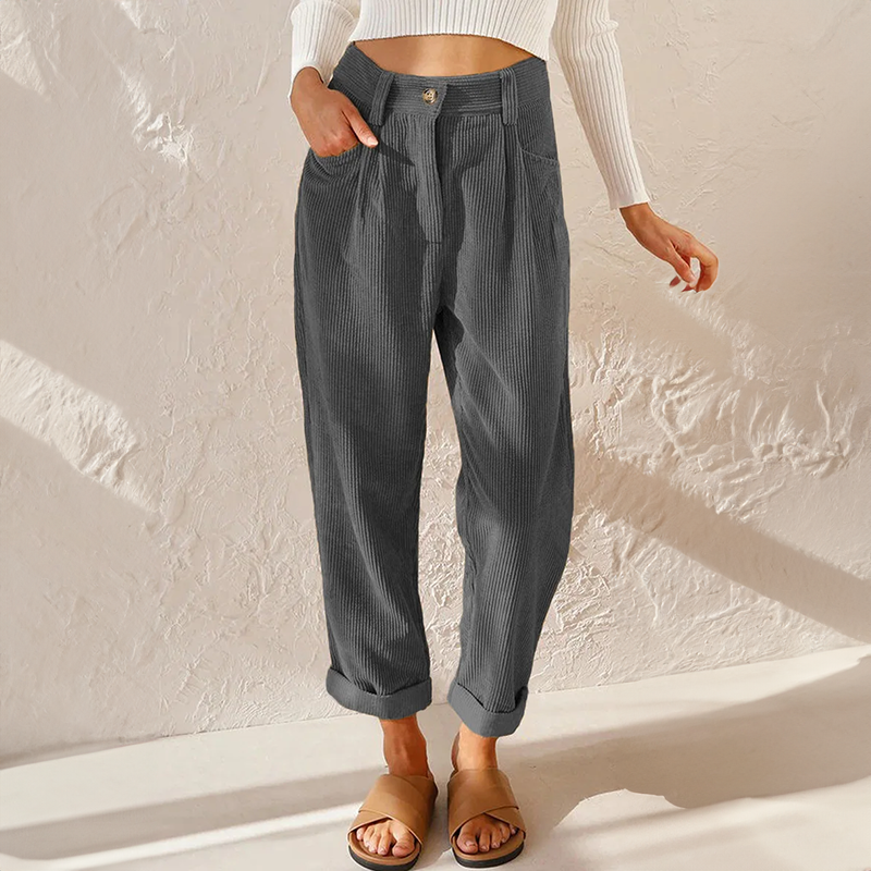 Kitty | High Waisted Pleated Corduroy Turn Up Cropped Pocket Autumn Tapered Trousers Women