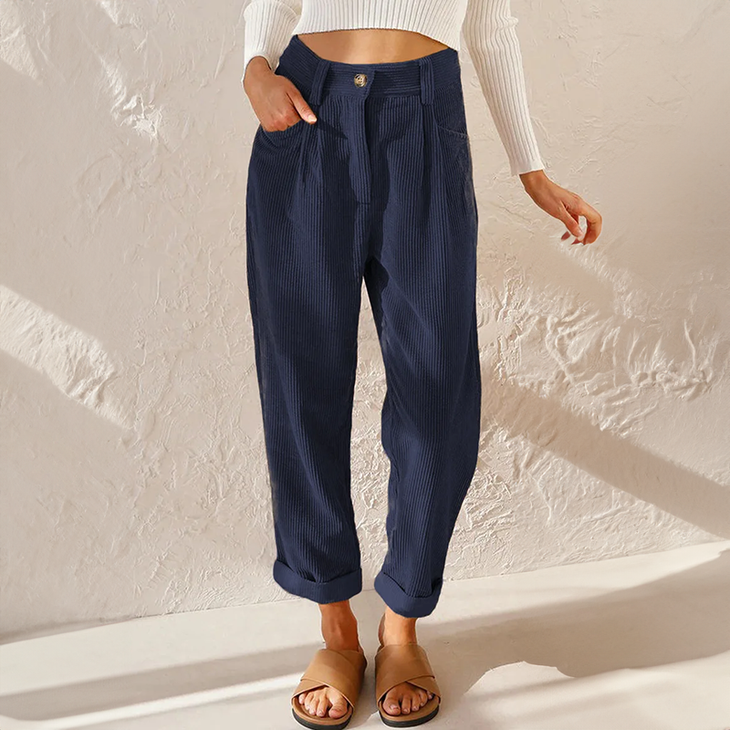Kitty | High Waisted Pleated Corduroy Turn Up Cropped Pocket Autumn Tapered Trousers Women