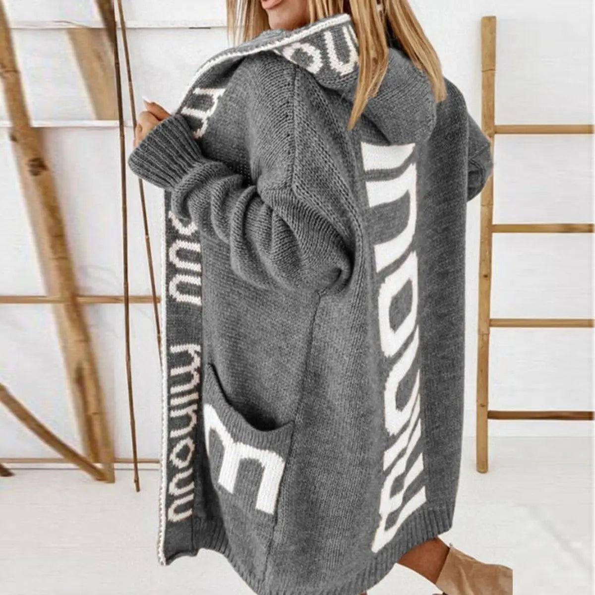 Romy | Slogan Pockets Ribbed Knitted Longline Winter Oversized Hoodie Women