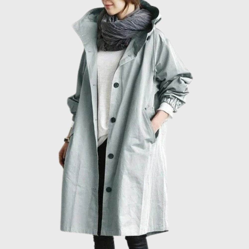 Callie | Drawstring Button Oversized Longline Hooded Collared Autumn Windbreaker Jacket Women
