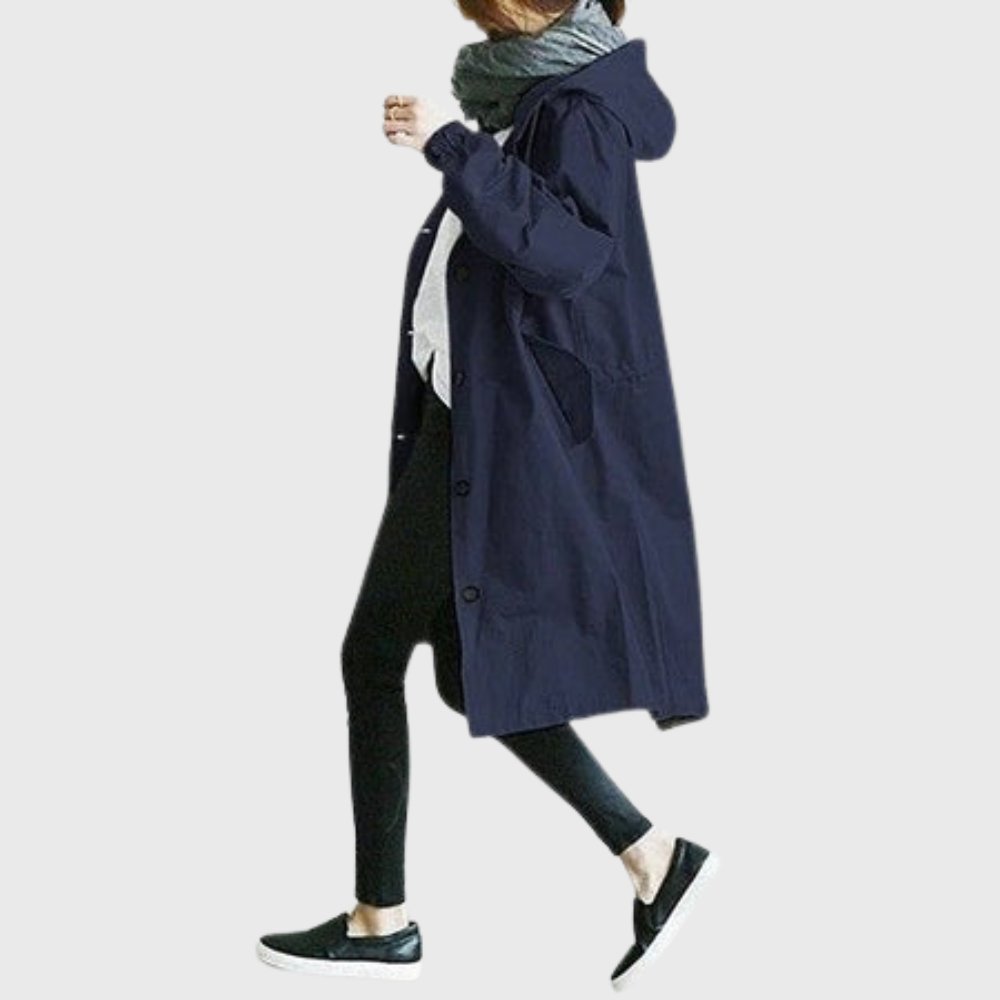 Callie | Drawstring Button Oversized Longline Hooded Collared Autumn Windbreaker Jacket Women