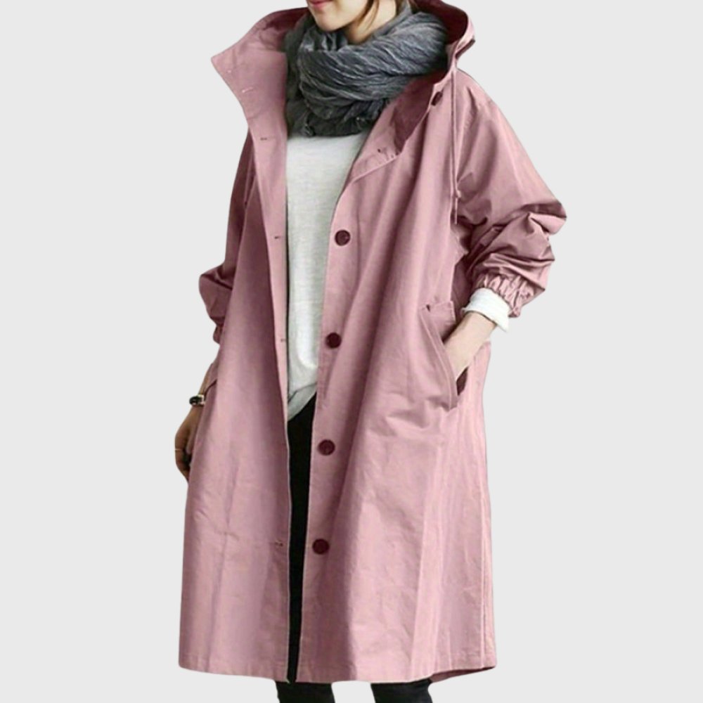 Callie | Drawstring Button Oversized Longline Hooded Collared Autumn Windbreaker Jacket Women