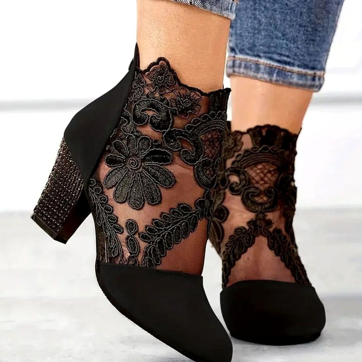 Alice | Autumn Party Floral Block Heeled Faux Suede Ankle Boots Women