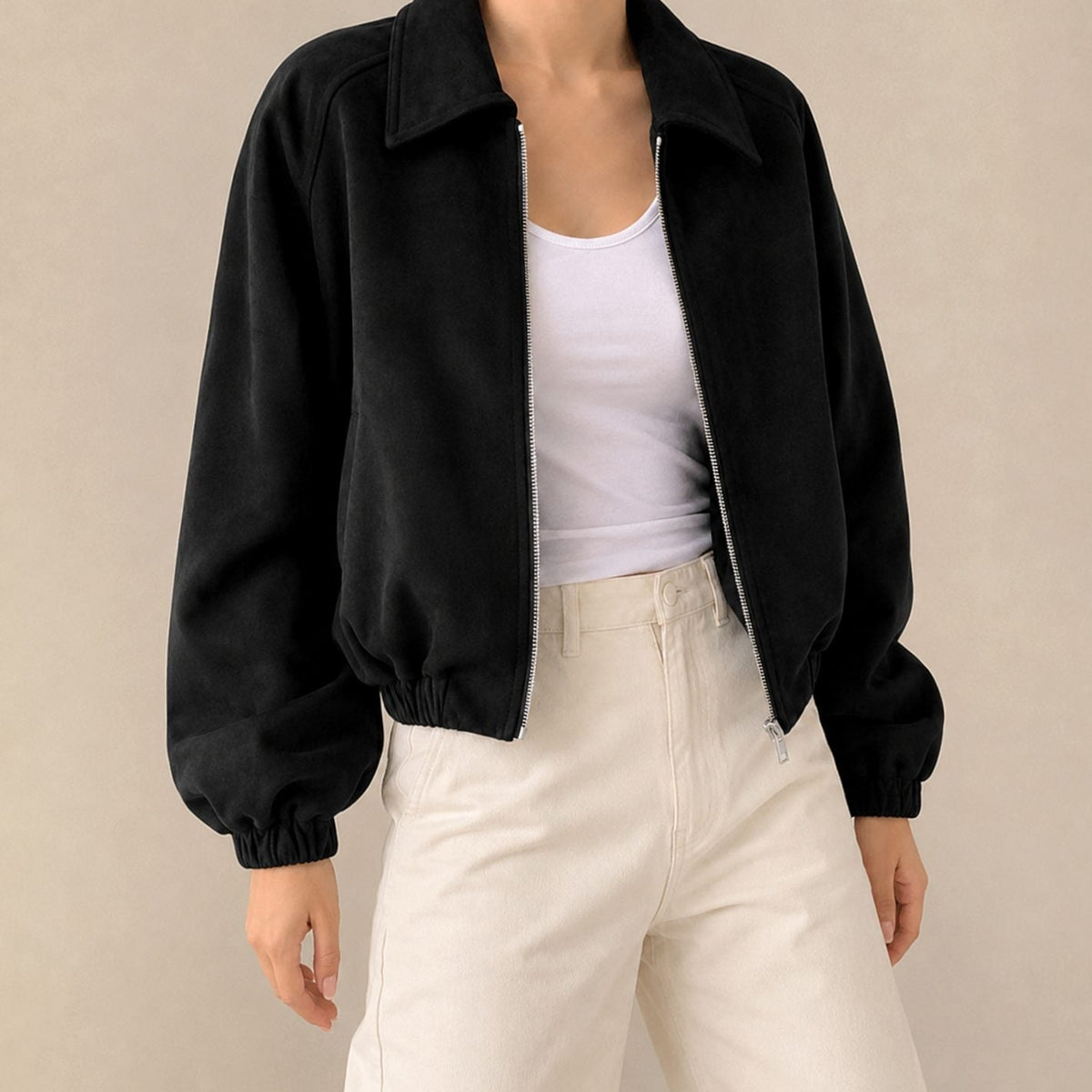 Ava | Collared Zip Up Pocket Faux Suede Oversized Autumn Cropped Bomber Jacket Women