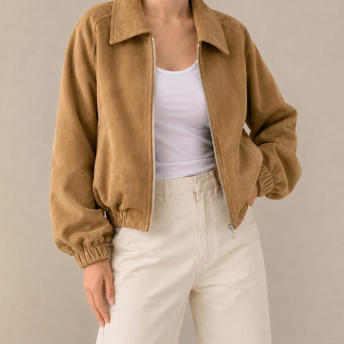 Ava | Collared Zip Up Pocket Faux Suede Oversized Autumn Cropped Bomber Jacket Women