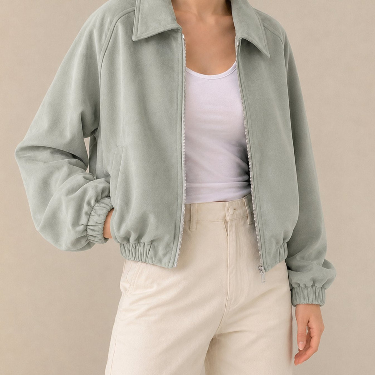 Ava | Collared Zip Up Pocket Faux Suede Oversized Autumn Cropped Bomber Jacket Women