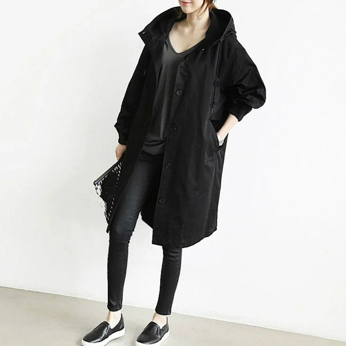 Callie | Drawstring Button Oversized Longline Hooded Collared Autumn Windbreaker Jacket Women