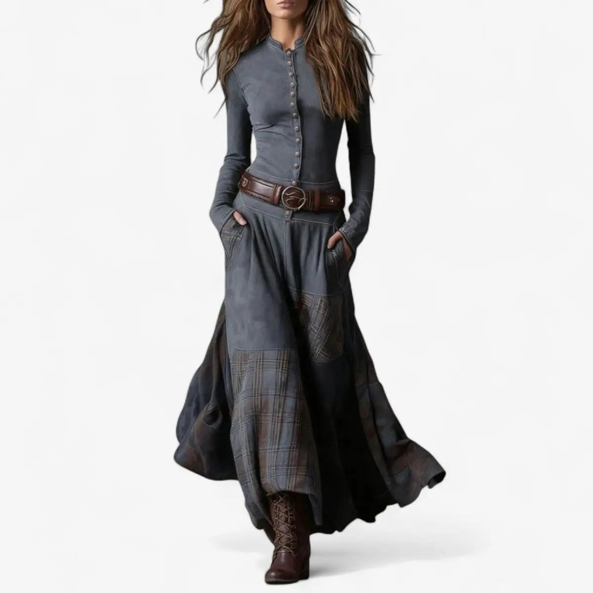 Daisy | Faux Suede Tartan Button Belted Mandarin Collar Autumn Maxi Long Sleeve Dress Women
