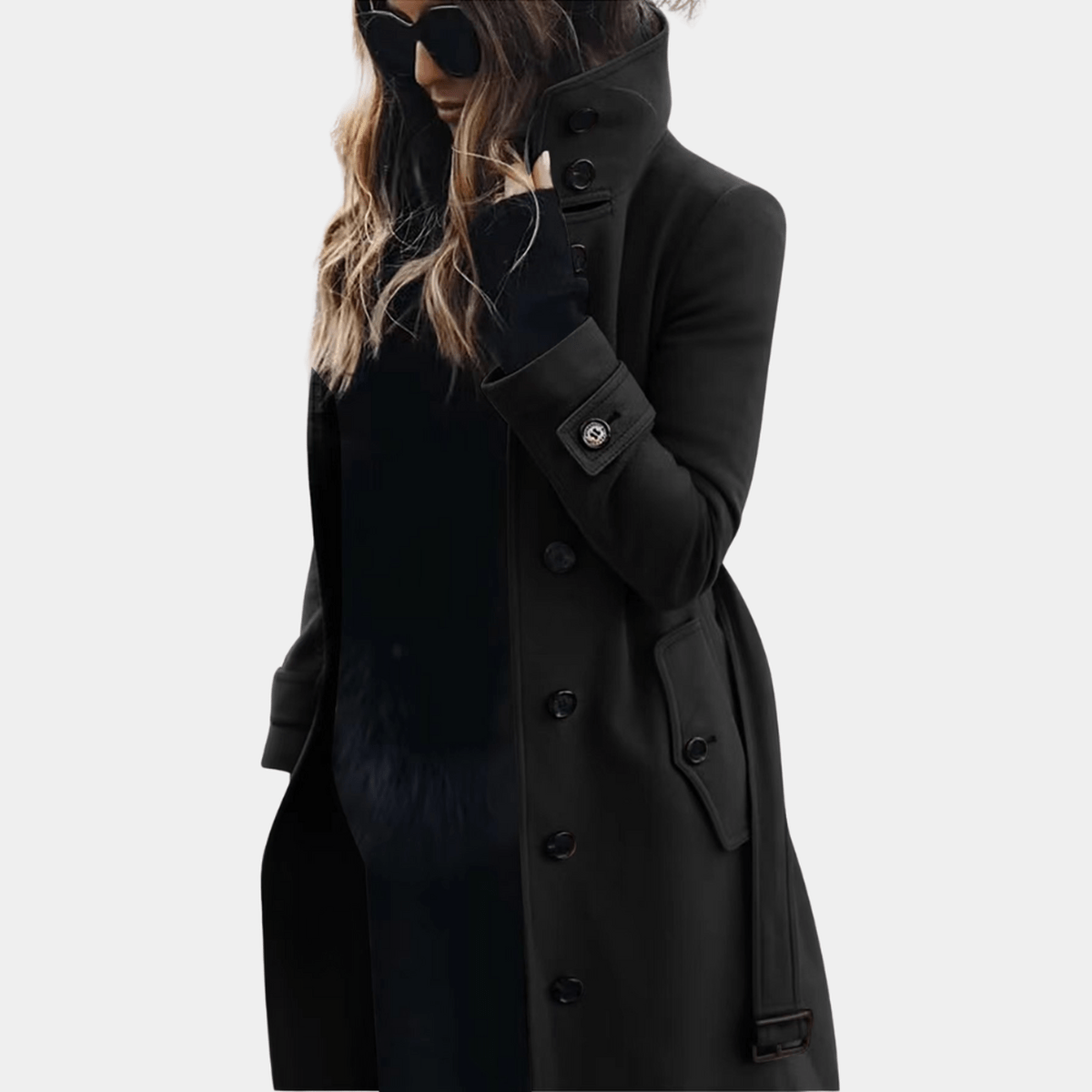 Beau | Long Fitted Funnel Neck Button Pockets Smart Tailored Coat Women