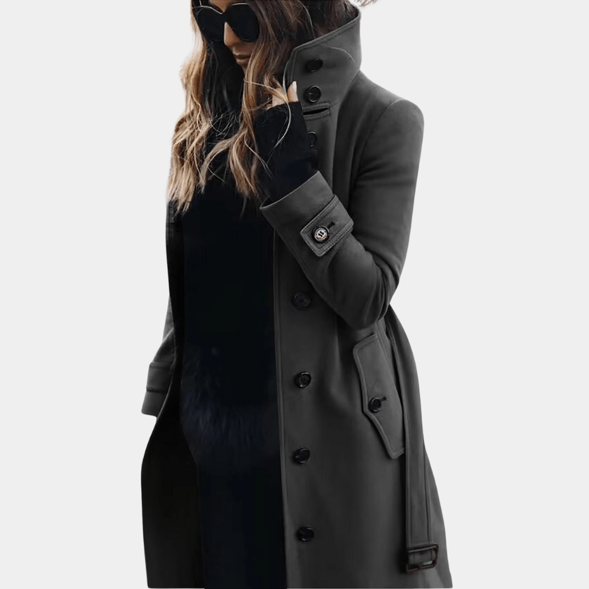 Beau | Long Fitted Funnel Neck Button Pockets Smart Tailored Coat Women