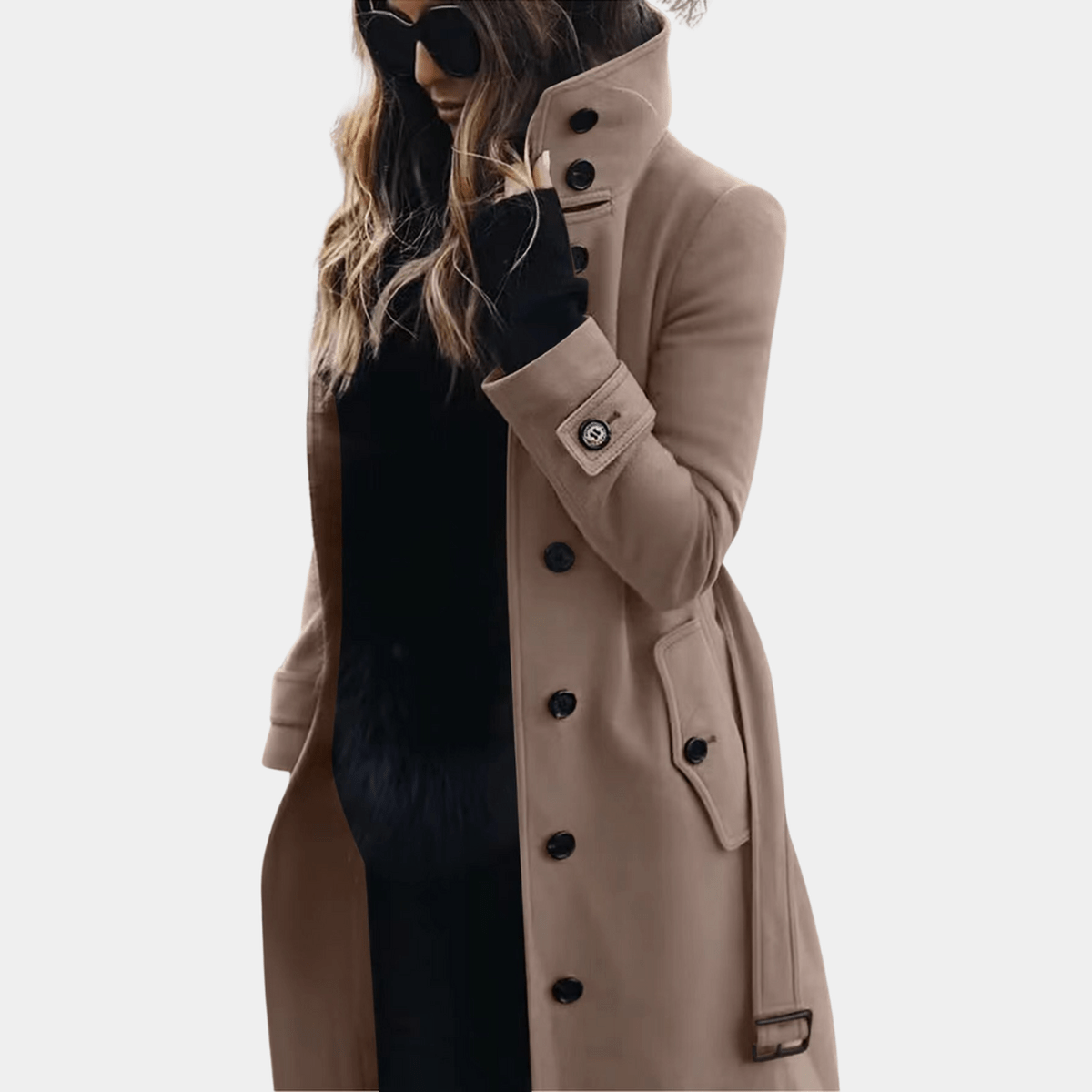 Beau | Long Fitted Funnel Neck Button Pockets Smart Tailored Coat Women