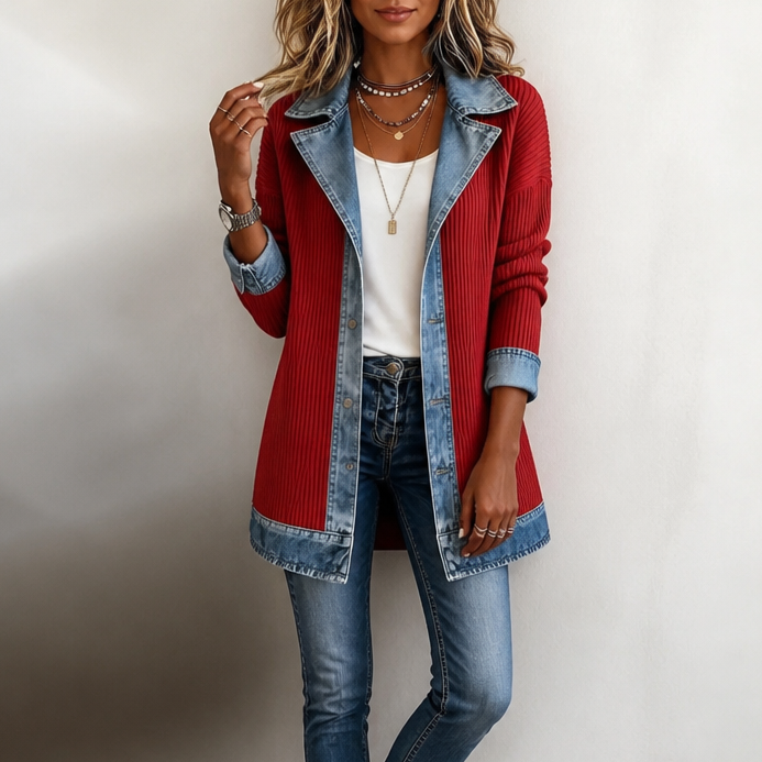 Indie | Longline Collared Denim Knit Button Autumn Blazer Women