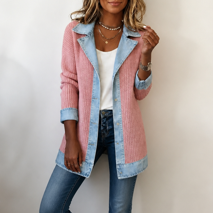 Indie | Longline Collared Denim Knit Button Autumn Blazer Women