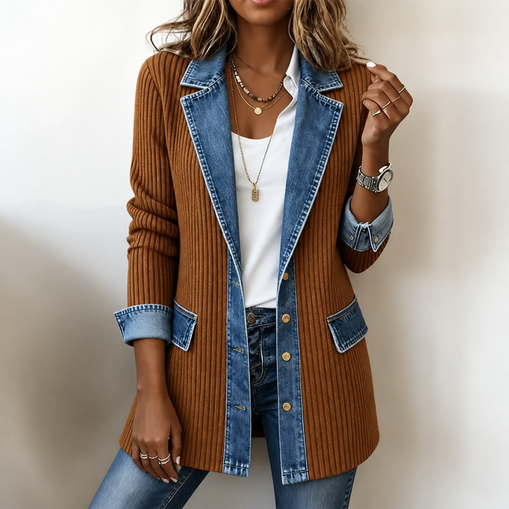 Indie | Longline Collared Denim Knit Button Autumn Blazer Women