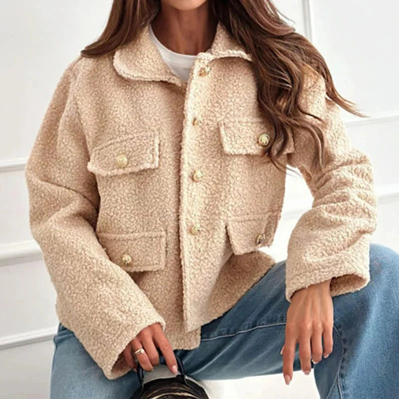 Elodie | Oversized Boxy Collared Buttoned Pocket Autumn Winter Cropped Teddy Jacket Women