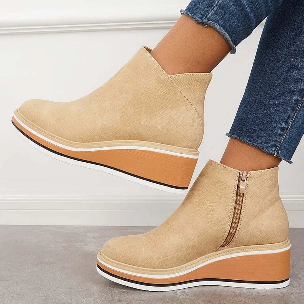 Macy | Platform Wedge Round Toe Zip Up Autumn Faux Leather Ankle Boots Women