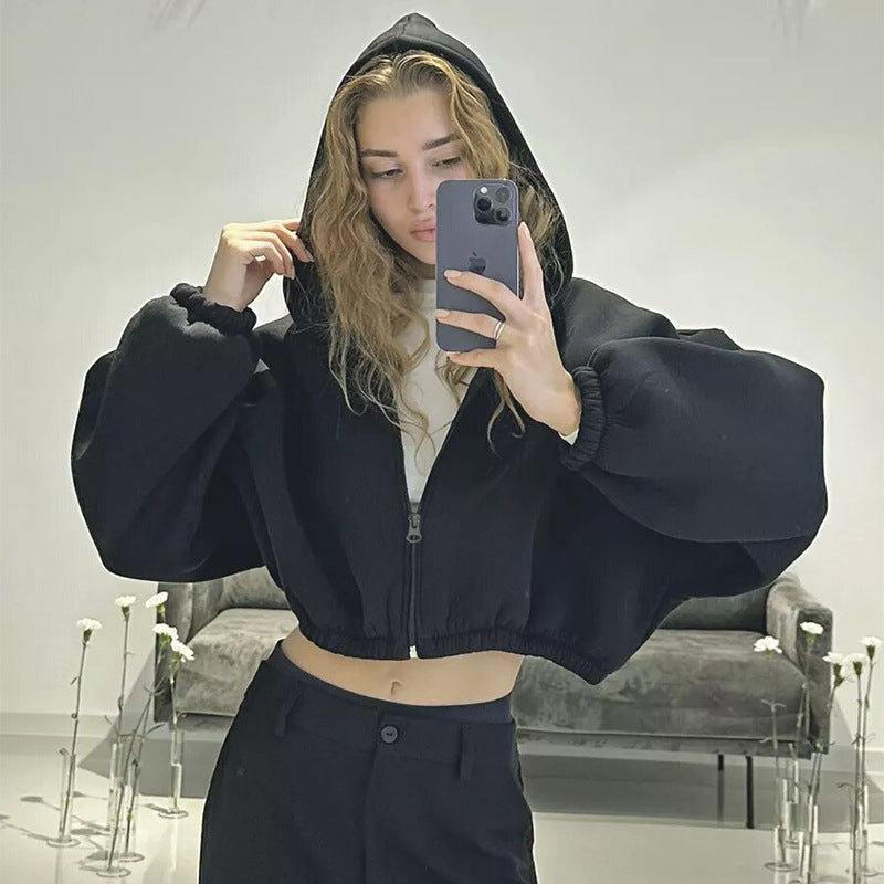 Cass | Zip Up Balloon Sleeve Fleece Cropped Autumn Oversized Hoodie Women