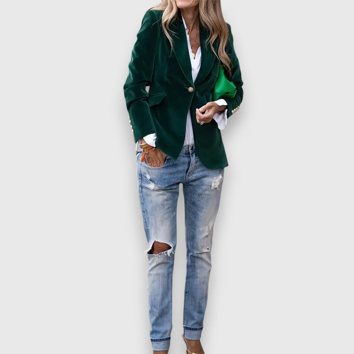 Velvet Blazer with Notched Lapel - Emerald Green
