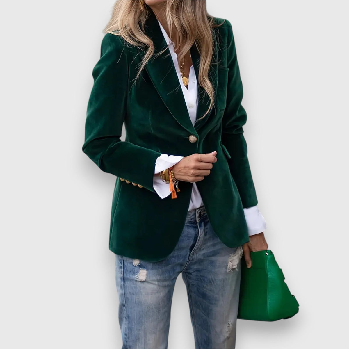 Velvet Blazer with Notched Lapel - Emerald Green