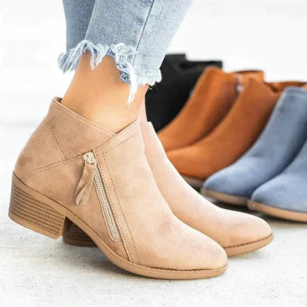 Mia | Block Heeled Round Toe Zip Up Autumn Faux Suede Ankle Boots Women
