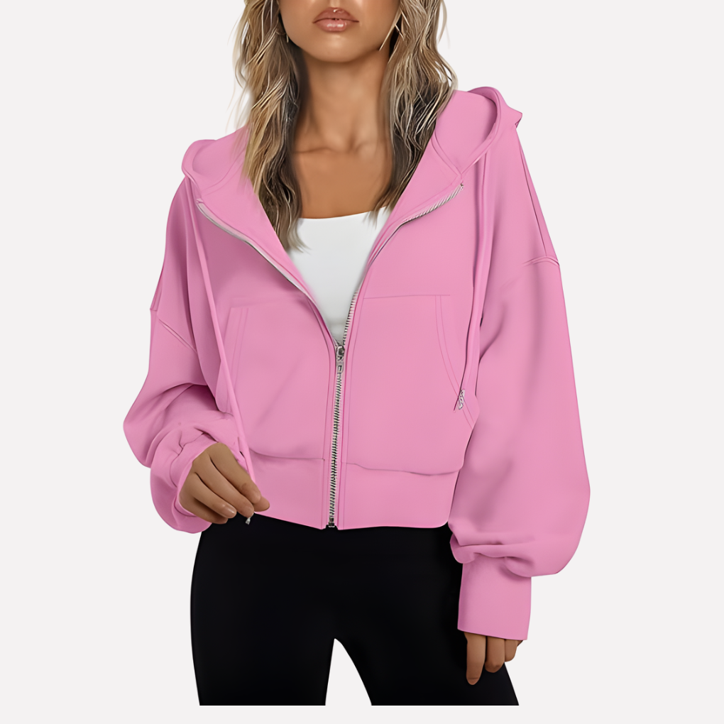 Coco | Zip Up Drawstring Ribbed Pockets Long Sleeve Oversized Autumn Cropped Hoodie Women