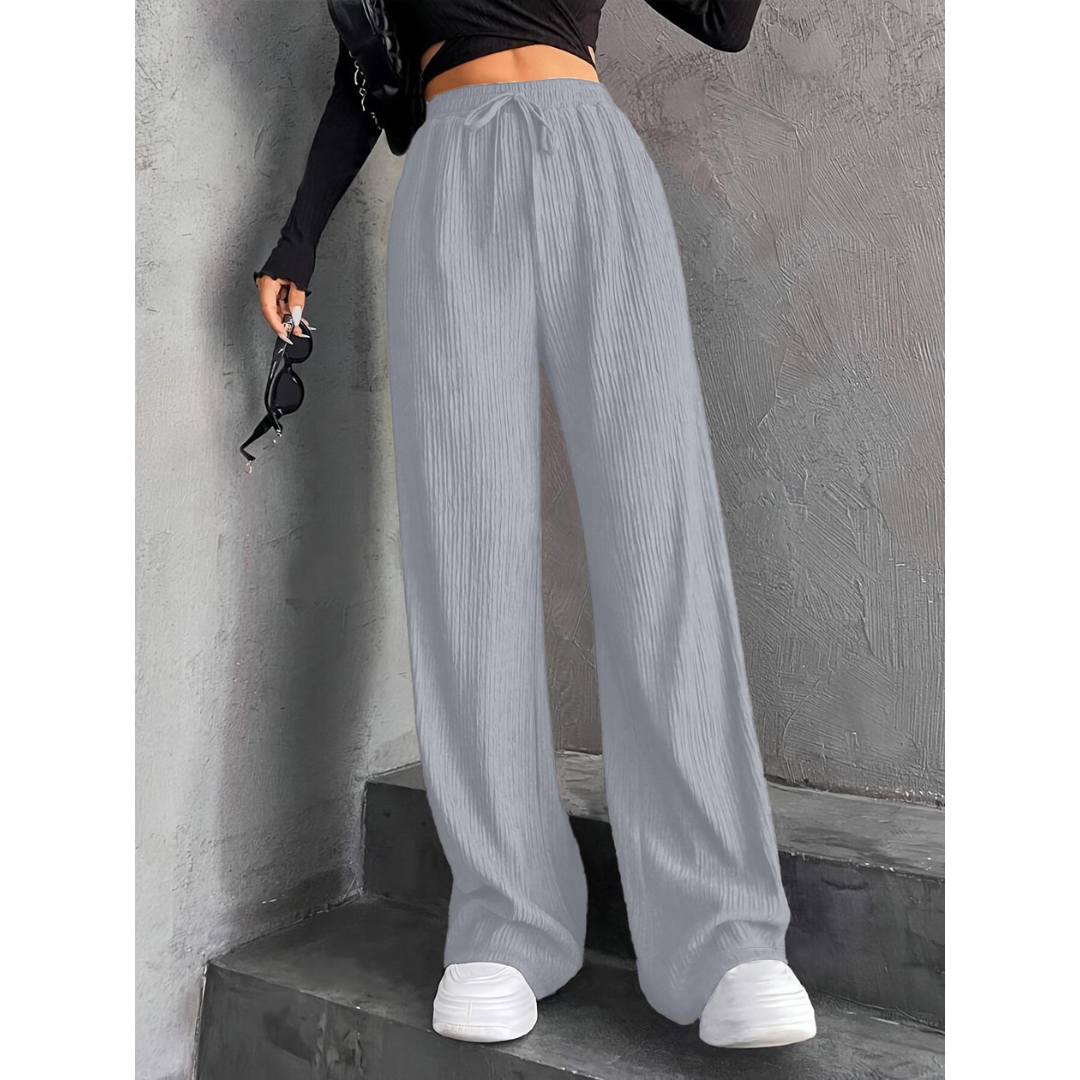 Faye | Knitted Loose Ribbed Drawstring Elasticated High Waisted Flowy Wide Leg Trousers Women