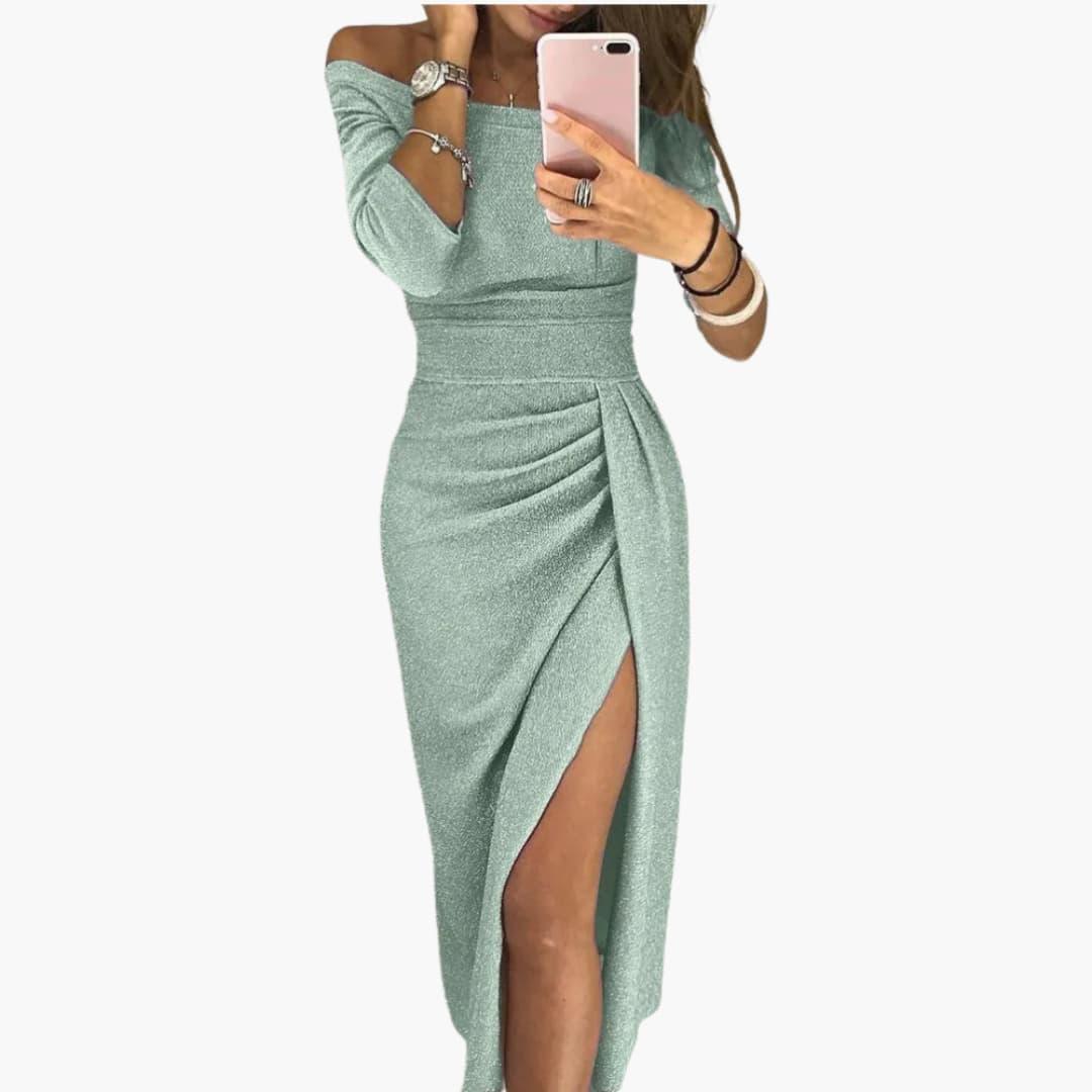 Livia | Off The Shoulder Glitter Knit Ruched Wrap Slit Party Evening Bodycon Midi Dress with Sleeves Women