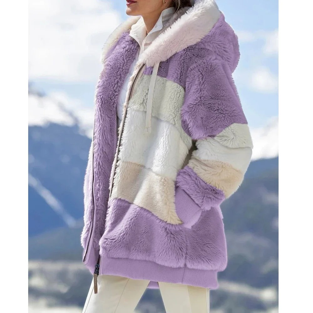 Eve | Faux Fur Colour Block Oversized Hooded Pockets Winter Coat Women