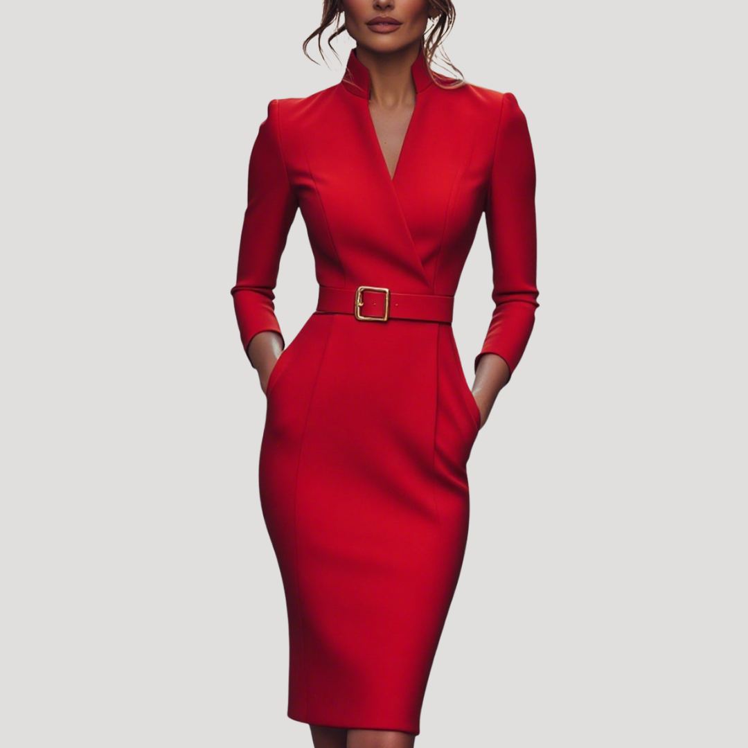 Darcy | Bodycon Belted V Neck Autumn Work Interview Midi Long Sleeve Dress Women