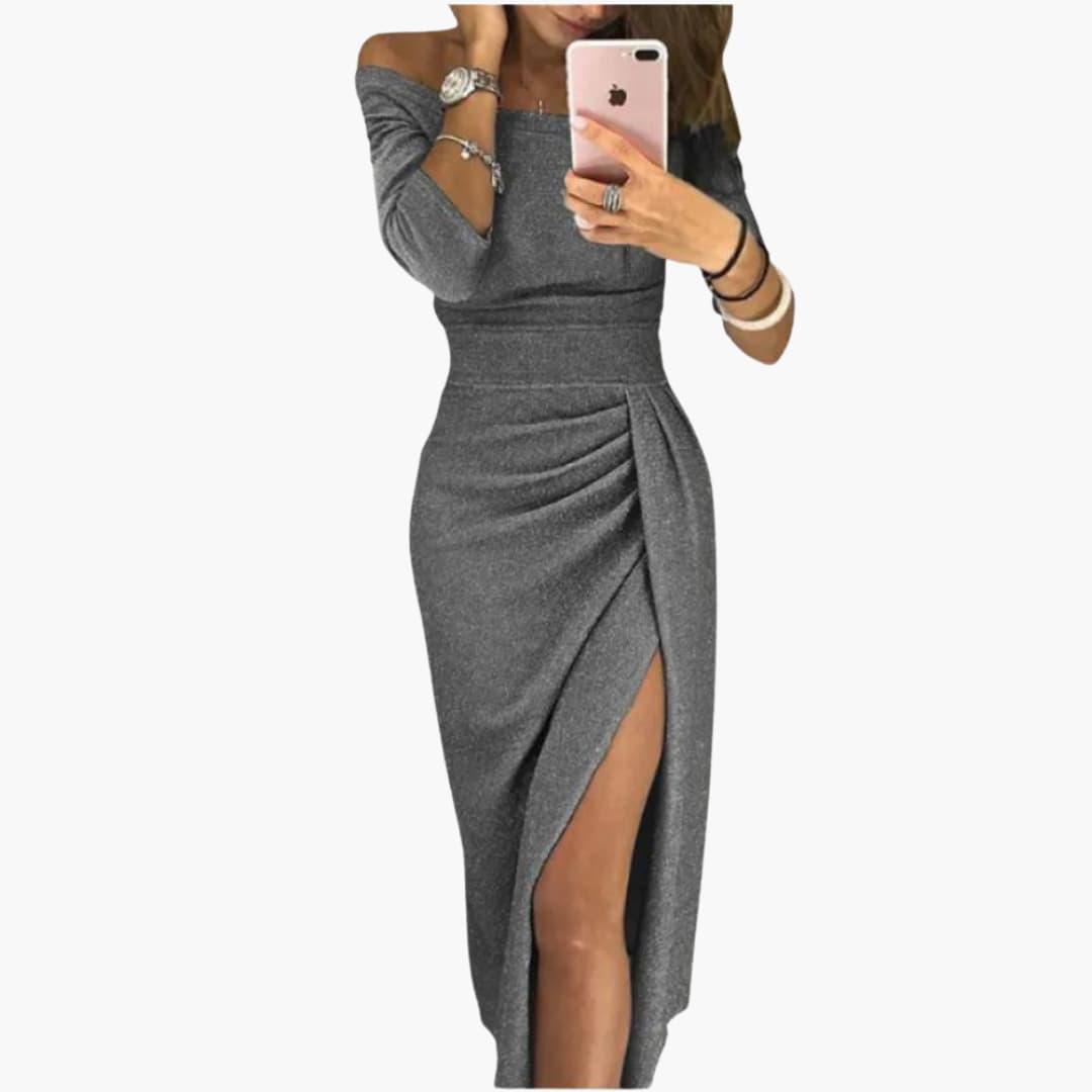 Livia | Off The Shoulder Glitter Knit Ruched Wrap Slit Party Evening Bodycon Midi Dress with Sleeves Women