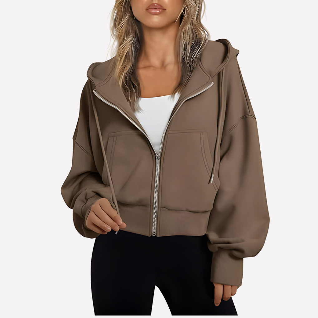 Coco | Zip Up Drawstring Ribbed Pockets Long Sleeve Oversized Autumn Cropped Hoodie Women