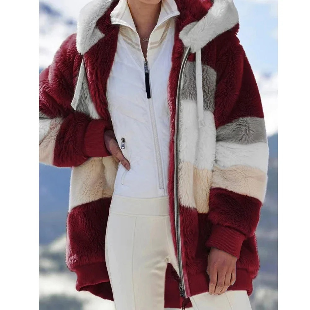 Eve | Faux Fur Colour Block Oversized Hooded Pockets Winter Coat Women
