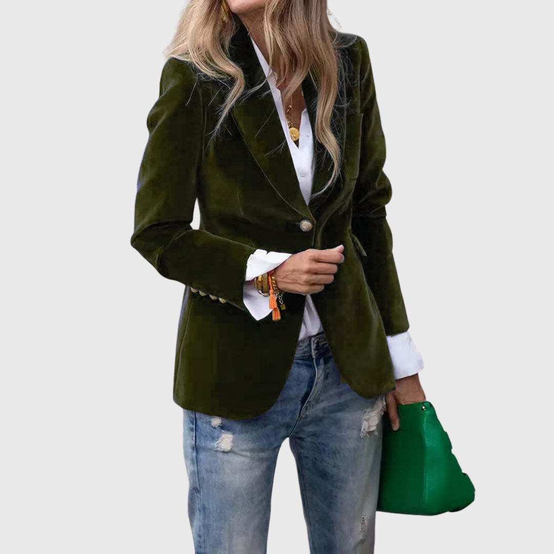 Velvet Blazer with Notched Lapel - Emerald Green