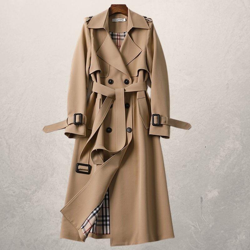 Jana | Classic Double Breasted Belted Collared Buckle Pocket Autumn Smart Long Trench Coat Ladies