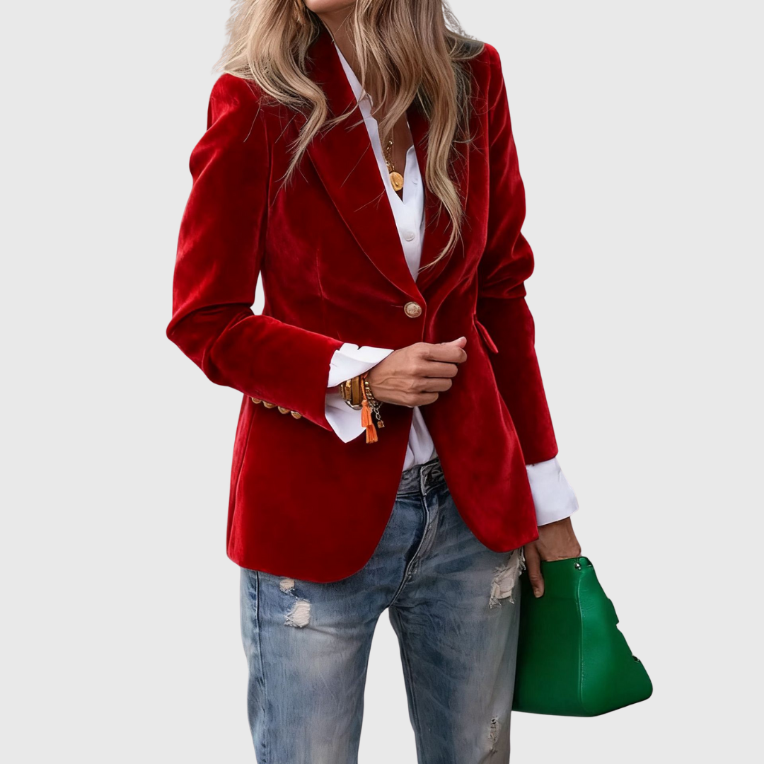 Velvet Blazer with Notched Lapel - Emerald Green