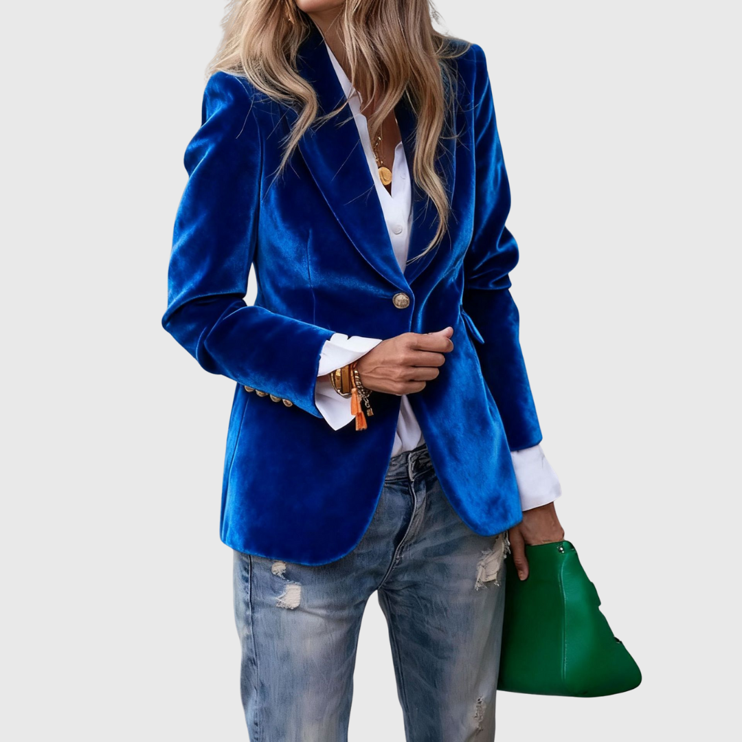 Velvet Blazer with Notched Lapel - Emerald Green