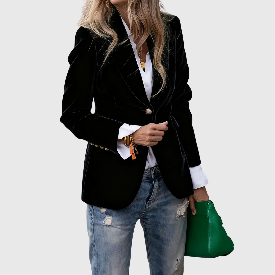 Velvet Blazer with Notched Lapel - Emerald Green