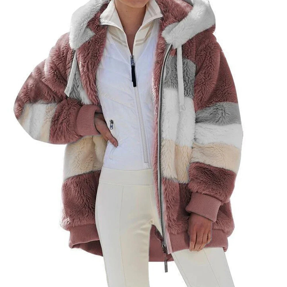 Eve | Faux Fur Colour Block Oversized Hooded Pockets Winter Coat Women