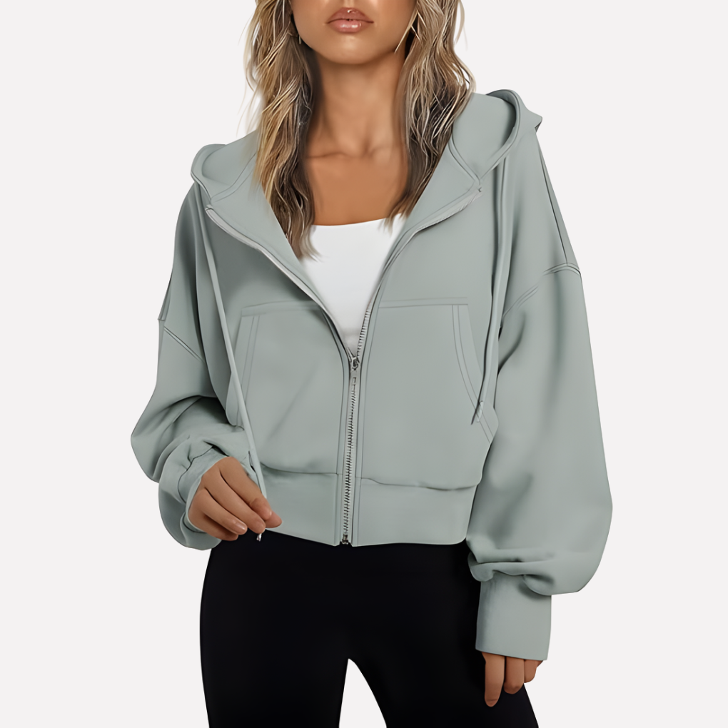 Coco | Zip Up Drawstring Ribbed Pockets Long Sleeve Oversized Autumn Cropped Hoodie Women