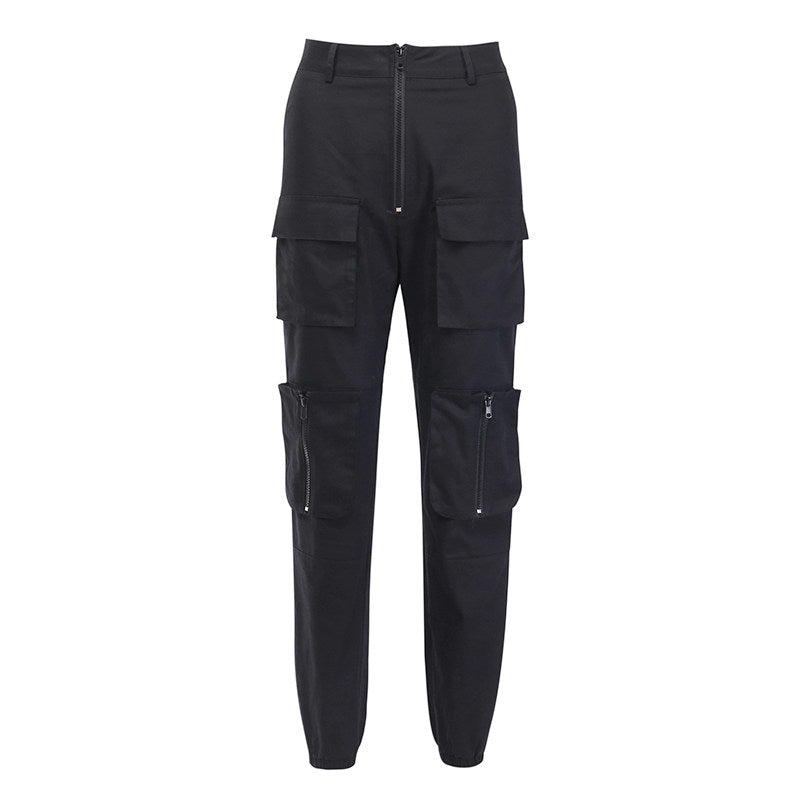 Elise | High Waisted Zip Cuffed Straight Leg Pocket Autumn Cargo Trousers Women