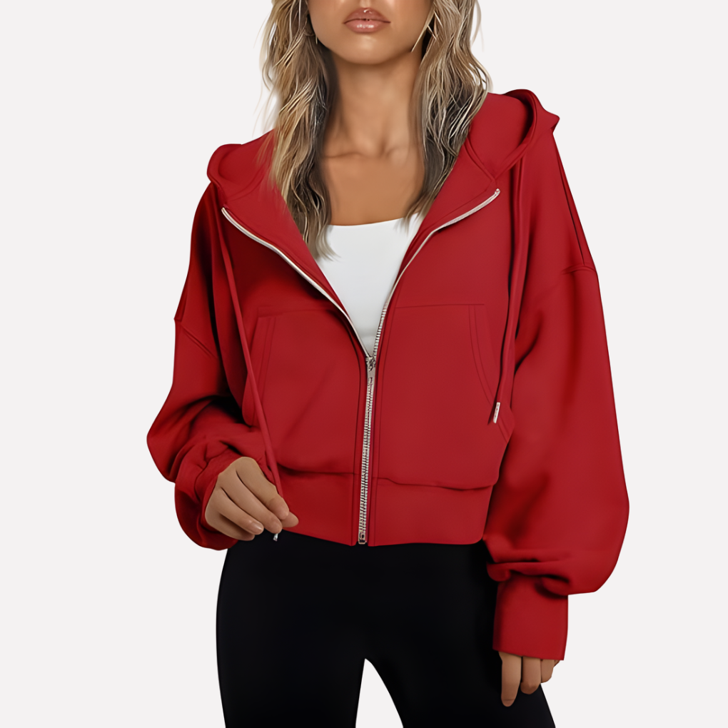 Coco | Zip Up Drawstring Ribbed Pockets Long Sleeve Oversized Autumn Cropped Hoodie Women