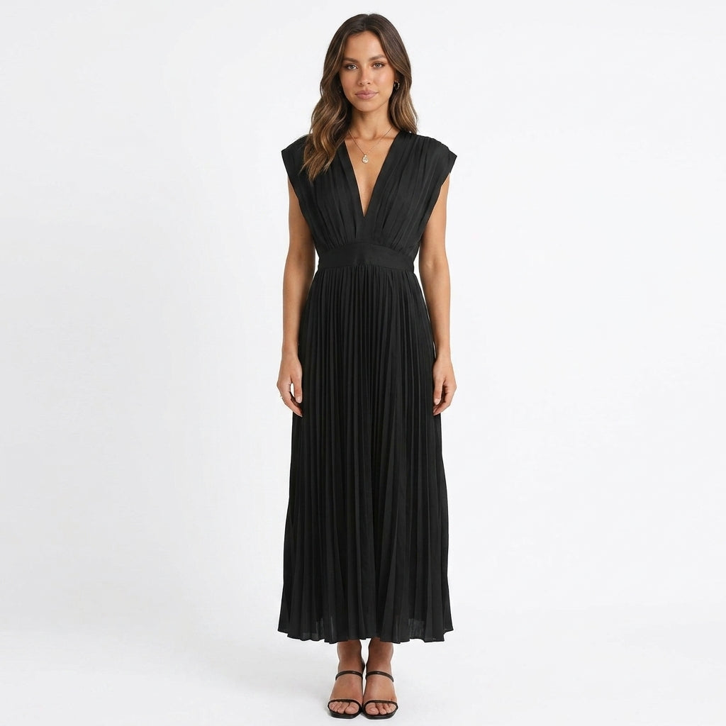 Gina | V Neck Cap Sleeve Pleated Satin Fit And Flare Midi Occasion Wedding Guest Dress Women