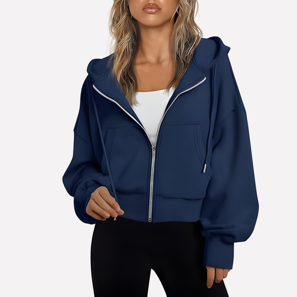 Coco | Zip Up Drawstring Ribbed Pockets Long Sleeve Oversized Autumn Cropped Hoodie Women