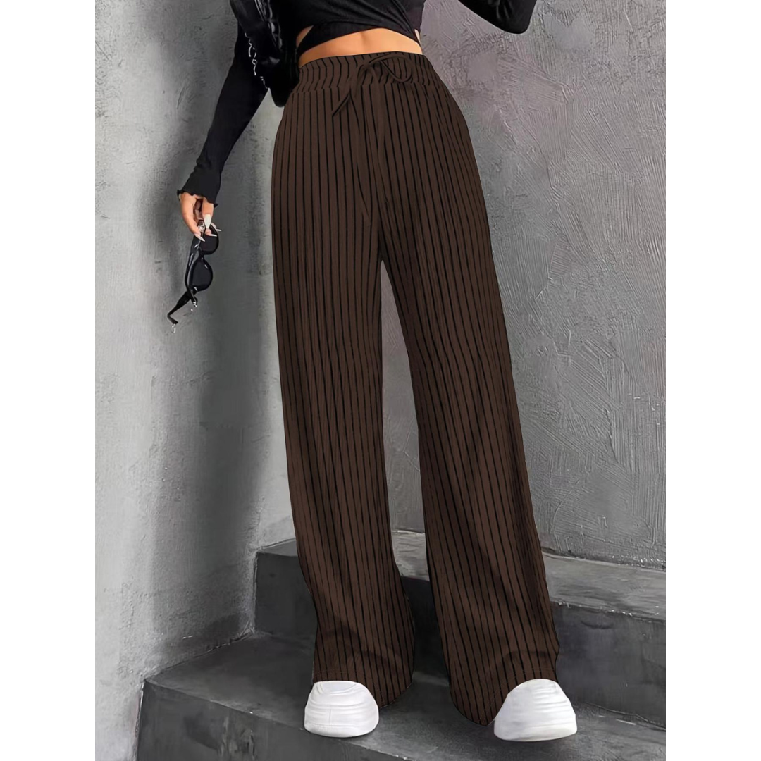 Faye | Knitted Loose Ribbed Drawstring Elasticated High Waisted Flowy Wide Leg Trousers Women