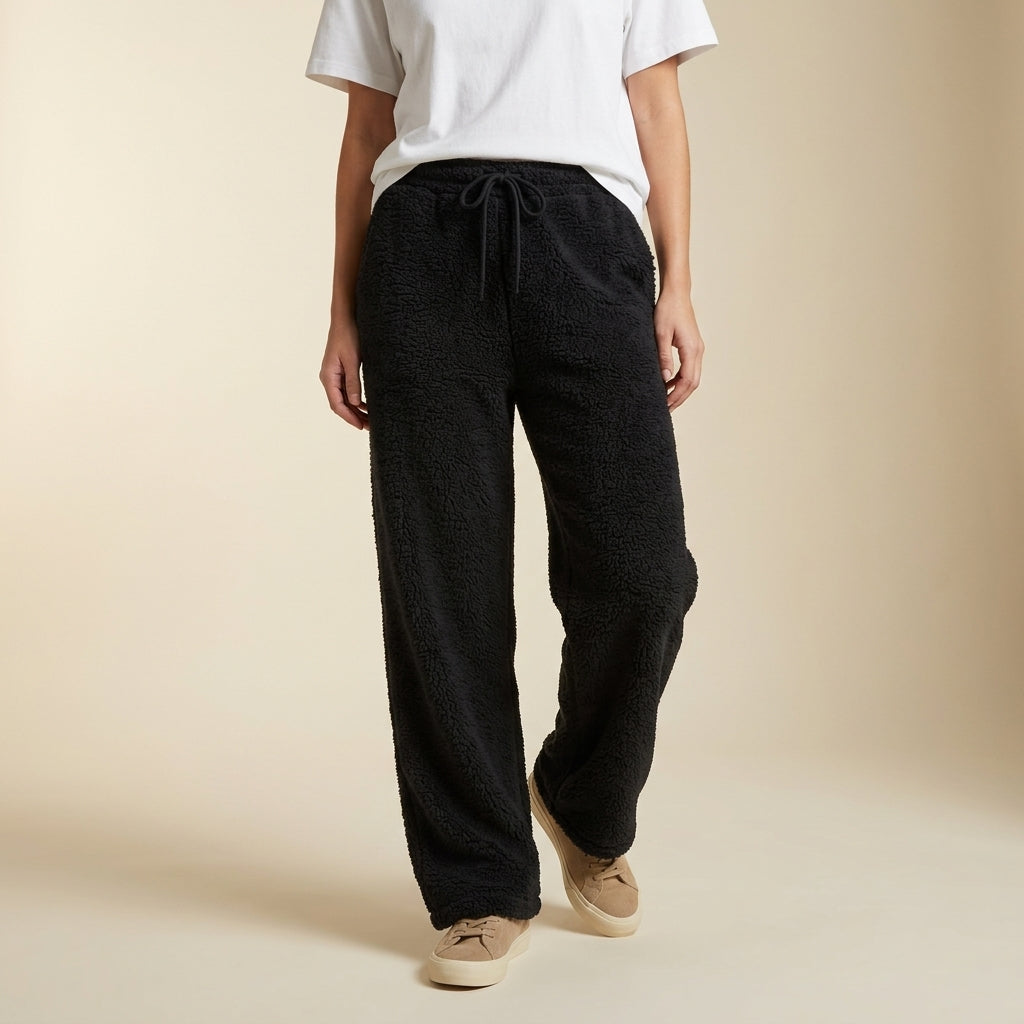 Amie | Drawstring Elasticated Waist Side Pockets Open Hem Winter Wide Leg Fleece Joggers Women