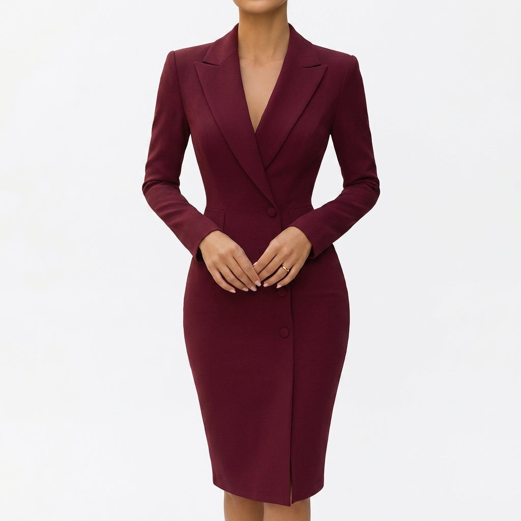 Emmie | Bodycon Fitted Button Collar Autumn Work Smart Midi Long Sleeve Dress Women